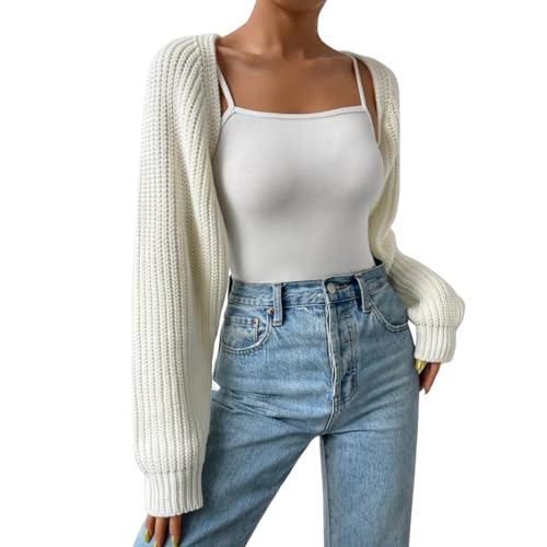 MODSGUE Damen Super Cropped Strick Cardigan Langarm Bolero Tops Sweater Open Front Jacke Strickbolero Kurz Kurzjacke Eng Basic Crop Blazer Jäckchen Shrug SommerDamen-Strick-Cardigan von MODSGUE