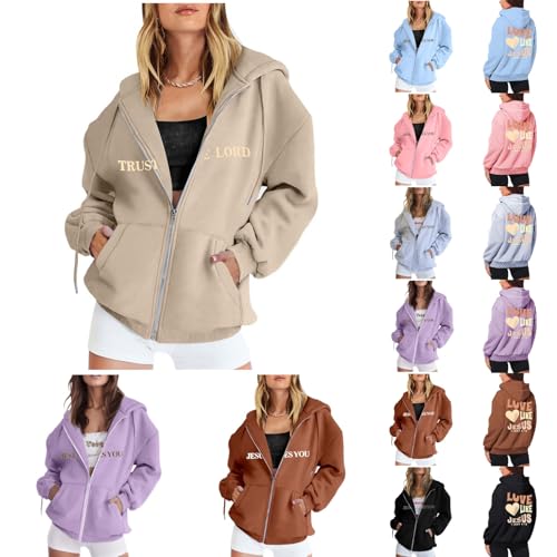 MODSGUE Damen Sweatjacke Letter Printed Kapuzenjacke Fall Winter Lang Sweatshirt Kapuzenpullover mit Kapuze Reißverschluss Pullover Vintage Freizeitjacke Sweatshirt College Jacke Übergangsjacke von MODSGUE