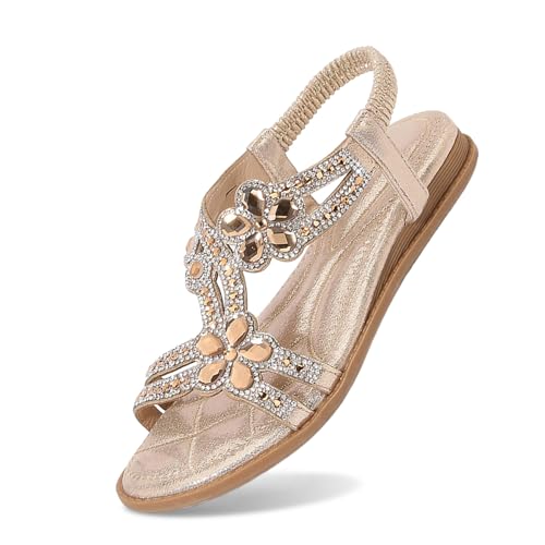 MODSGUE Glitzer Sandalen Damen Sommer Elegant Flach Strass Schuhe Mädchen Sommerschuhe Frauen Bequem Weichen Sohlen Bequem Damensandalen Gummiband Slingback Mädchen Strandschuhe von MODSGUE