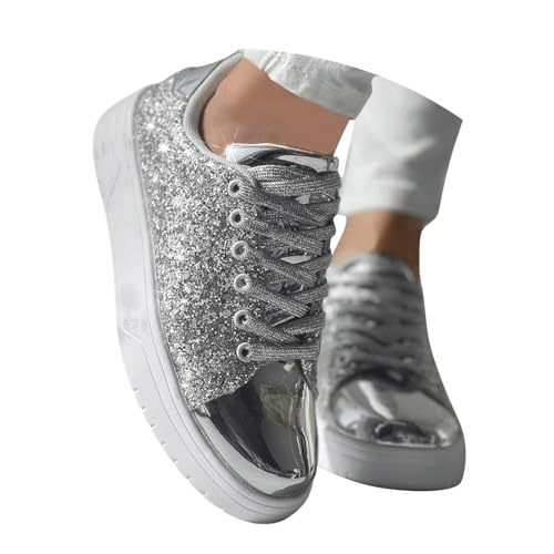 MODSGUE Glitzer Sneaker Flach Brautschuhe Damen Elegant Schuhe Karneval Turnschuhe Metallic Hippie Sneakers Festliche Pailletten Basic Laufschuhe Glänzend Party Stiefeletten Rave Schuhe von MODSGUE