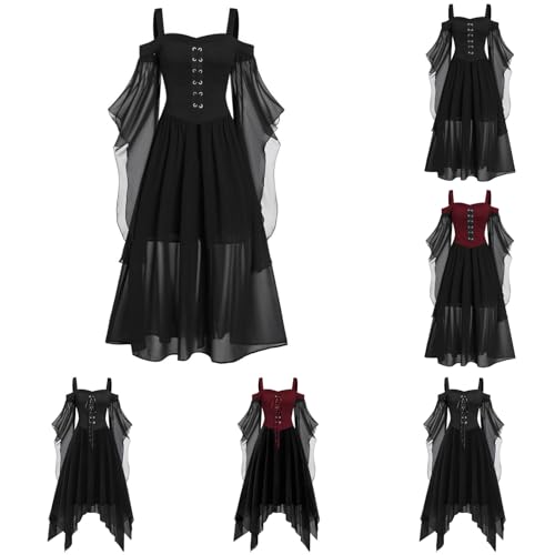 MODSGUE Halloween Kostüm Damen Gothic Kleid KurzMittelalter Gebundene Taille Kleider Erwachsene Vampir Schwarz Kleid Renaissance Baisc Minikleid Trompetenärmel Kleid Schwarz für Halloween Karneval von MODSGUE