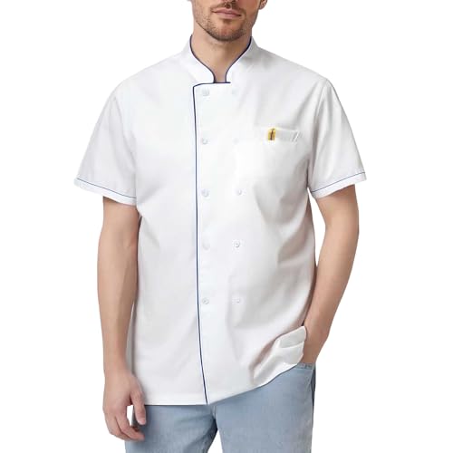 MODSGUE Herren Kochjacke Mit Knopf Kurzarm Koch Jacke Bäckerjacke Kochhemd Chef-Uniform Bequem Kochkleidung Oberteil Koch Weiß Kostüm von MODSGUE