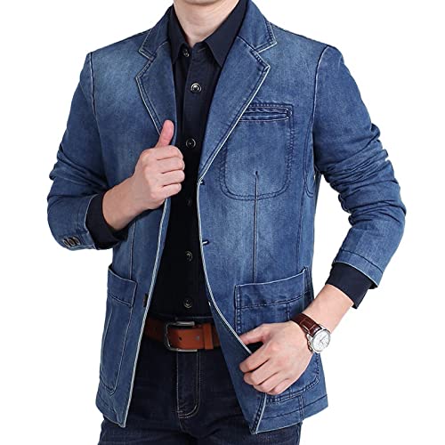 Herren Slim Fit Denim Sakko Casual Business Freizeit 3 Knöpfe Anzugsjacke mit Taschen Blazer Business Bequem Denim-Blazer Hochzeit Party Jacket Jeansjacke von MODSGUE