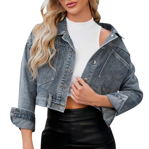 MODSGUE Jacke Damen Stretch-Denim Elegant-Jeansjacke Kurz Tailliert Sommerjacke Leicht GrößEn Jeansjacken FüR Frauen Denim Jacket Mit KnöPfe FrüHjahr Sommer Damenjacken Langarm Jeans Jacken Kurze Top von MODSGUE