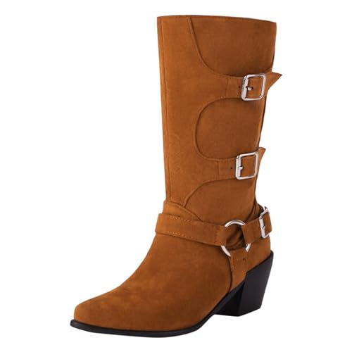 MODSGUE Langschaft Stiefel Damen Wildleder Halbstiefel mit Blockabsatz Reißverschluss Winterstiefel Lange Stiefel Casual Langschaft Boots Einfarbig Bequem Basic Reitstiefel Winterschuhe von MODSGUE