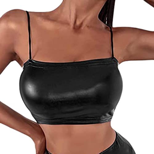 MODSGUE Leder Crop Top Damen Leder-Optik Bustier Korsett Bauchfrei Camisole Kurz Tanktop Spaghetti BH Top mit Push up Effekt Oberteile Bekleidung Schulterfrei CamiWeste Freizeit Trägershirt von MODSGUE