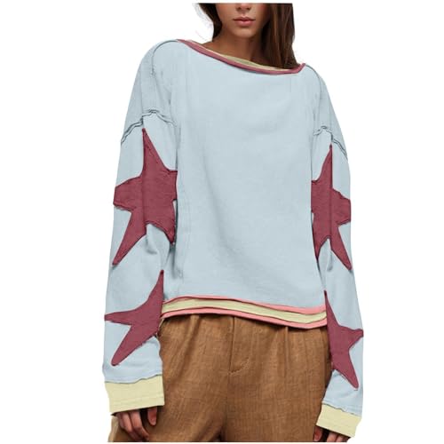 MODSGUE Oversize Pullover Damen Casual Sweatshirt Sterne Druck Langarmshirt Patchwork Oberteile Langarm Langarm Rundhalsausschnitt Gestreift Shirt Tunika Winter Longshirt Streetwear von MODSGUE