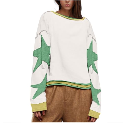 MODSGUE Oversize Pullover Damen Casual Sweatshirt Sterne Druck Langarmshirt Patchwork Oberteile Langarm Langarm Rundhalsausschnitt Gestreift Shirt Tunika Winter Longshirt Streetwear von MODSGUE