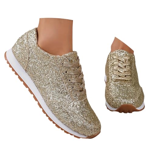 MODSGUE Pailletten Sneaker Damen Flache Low Glitzer Schuhe Bequeme Atmungsaktiv Schnürer Sportschuhe Turnschuhe Outdoor Pailettenschuhe Laufschuhe Gym Turnschuhe Tanzsneakers von MODSGUE