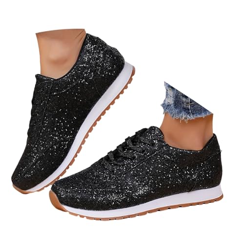 MODSGUE Pailletten Sneaker Damen Flache Low Glitzer Schuhe Bequeme Atmungsaktiv Schnürer Sportschuhe Turnschuhe Outdoor Pailettenschuhe Laufschuhe Gym Turnschuhe Tanzsneakers von MODSGUE
