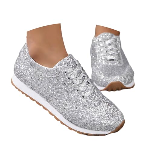 MODSGUE Pailletten Sneaker Damen Flache Low Glitzer Schuhe Bequeme Atmungsaktiv Schnürer Sportschuhe Turnschuhe Outdoor Pailettenschuhe Laufschuhe Gym Turnschuhe Tanzsneakers von MODSGUE