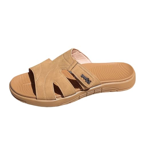 MODSGUE Pantoletten Sommer Orthopädische Hausschuhe Damen Keilabsatz Leder Hausschuhe Vintage Sommerschuhe Freizeit Wedge Mit Absatz Mit Fussbett Slides Slipperstrandschuhe Peep Toe von MODSGUE