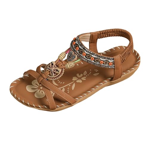 MODSGUE Sandalen Damen Freizeit Flach Sandalette mit Strass Perlen Bohemia Strand Outdoor Low Schuhe Casual Ankle Elastic Strass Flip Flops Damensandalen von MODSGUE