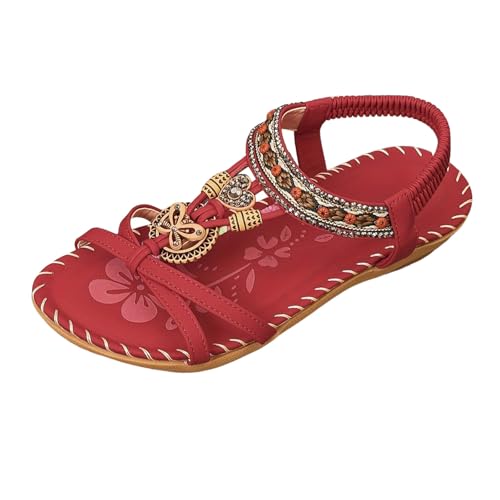 MODSGUE Sandalen Damen Freizeit Flach Sandalette mit Strass Perlen Bohemia Strand Outdoor Low Schuhe Casual Ankle Elastic Strass Flip Flops Damensandalen von MODSGUE
