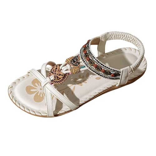 MODSGUE Sandalen Damen Freizeit Flach Sandalette mit Strass Perlen Bohemia Strand Outdoor Low Schuhe Casual Ankle Elastic Strass Flip Flops Damensandalen von MODSGUE