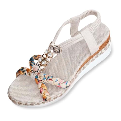 MODSGUE Sandalen Damen Sommer Flache Sandalette Bohemia Sandals mit Strass Perlen Freizeit Strand Flip Flops Orthopädische Sandalen Casual Ankle Elastic Geflochtene von MODSGUE