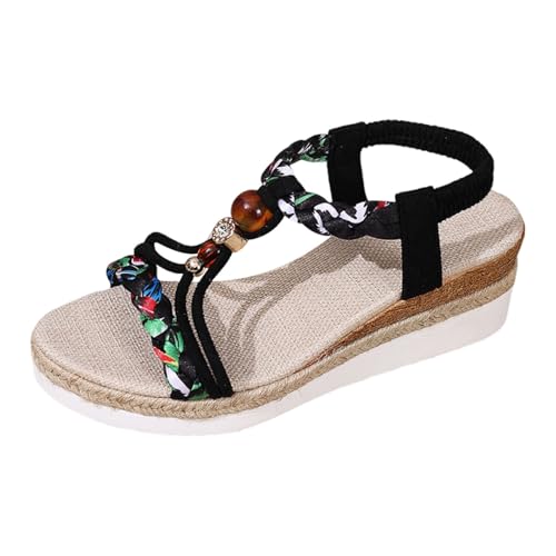 MODSGUE Sandalen Damen Sommer Flache Sandalette Bohemia Sandals mit Strass Perlen Freizeit Strand Schuhe Orthopädische Sandalen Casual Boho Elastic Flip Flops von MODSGUE