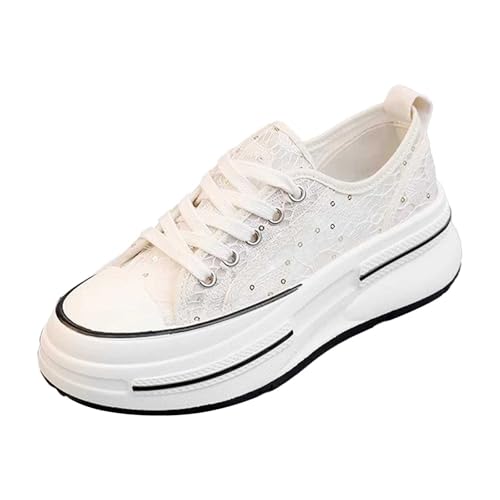 MODSGUE Sneaker Damen Spitze Turnschuhe Atmungsaktiv Mesh Stoffschuhe Plattform Flache Canvas Schuhe Outdoor Slip On Laufschuhe Schnürschuhe Bequem Freizeitschuhe Leicht Sportschuhe von MODSGUE