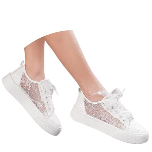 MODSGUE Sneaker Damen Weiss Spitzen Trachtenschuhe - Elegant Oktoberfest Schuhe Spitze Bestickte Freizeitschuhe Flach Mesh Walkingschuhe Sommer Stoffschuhe Dirndl Schuhe von MODSGUE