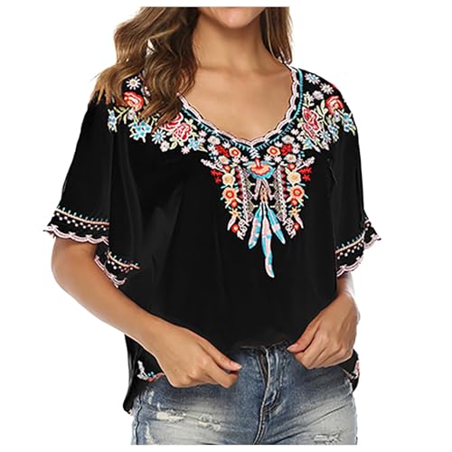 MODSGUE Stickerei Bluse Hippie Kleidung Damen 70er 80er Jahre Bekleidung Bohemian Folklore Besticktes Bequem Tunika 3/4Ärmel elegant Oberteile von MODSGUE