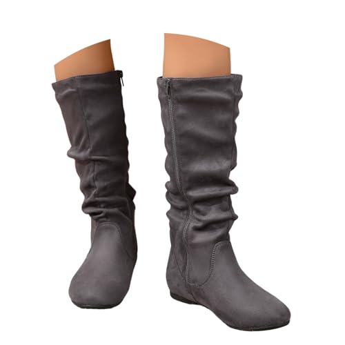 MODSGUE Stiefel Damen Bequeme Wildleder Elegant Absatz Westernstiefel Runde Zehen Hohe Einfarbige Langschaft Boots Damenstiefel Westernstiefel Winterstiefel von MODSGUE