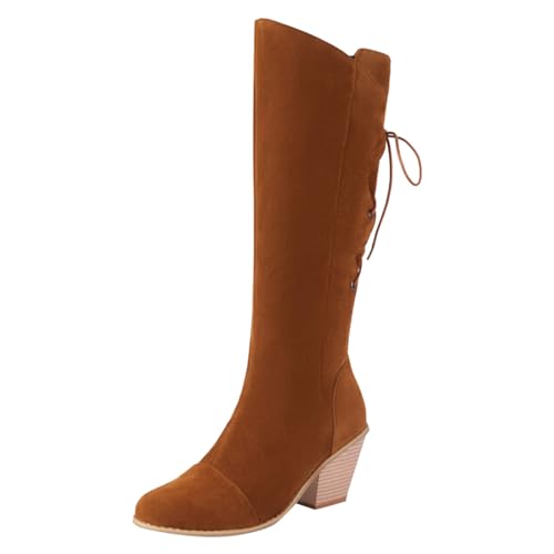 MODSGUE Stiefel Damen Bequeme Wildleder Elegant Absatz Westernstiefel Runde Zehen Hohe Einfarbige Langschaft Boots Westernstiefel Bequem Basic Sommer Damenstiefel von MODSGUE