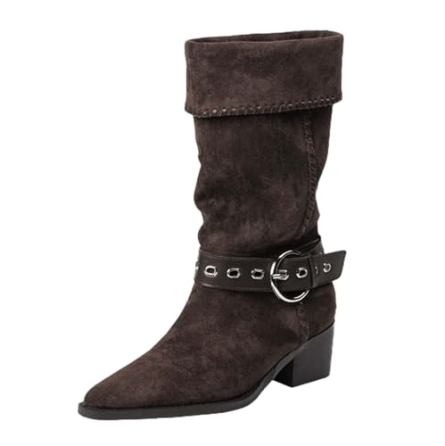 MODSGUE Stiefel Damen Bequeme Wildleder Elegant Absatz Westernstiefel Runde Zehen Hohe Einfarbige Langschaft Boots Winterstiefel Winter Basic Damenstiefel von MODSGUE