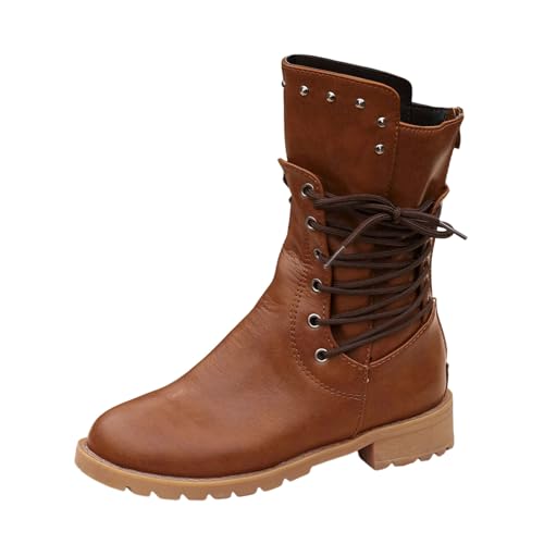 MODSGUE Stiefel Damen Winterschuhe Vintage Gothic Schlupf Winterstiefel Plateau Stiefel Biker Boots Schlupfstiefel Wanderschuhe Schwarz Leder Schwarz Winter Flach von MODSGUE