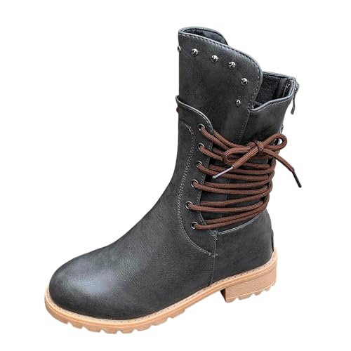 MODSGUE Stiefel Damen Winterschuhe Vintage Gothic Schlupf Winterstiefel Plateau Stiefel Biker Boots Schlupfstiefel Wanderschuhe Schwarz Leder Schwarz Winter Flach von MODSGUE