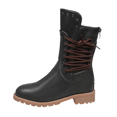 MODSGUE Stiefel Damen Winterschuhe Vintage Gothic Schlupf Winterstiefel Plateau Stiefel Biker Boots Schlupfstiefel Wanderschuhe Schwarz Leder Schwarz Winter Flach von MODSGUE