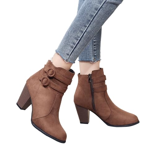 MODSGUE Stiefeletten Damen Elegant Wildleder Halbstiefel Basic Schlupfschuhe Stiefel Mit Schnalle Kurzstiefel Winterstiefel Halbhohe Absatz Ankle Boots Halbhoch Westernstiefel Damenstiefel von MODSGUE