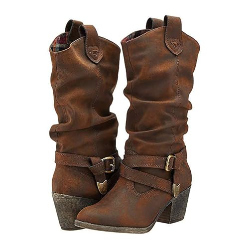 MODSGUE Stiefeletten Damen Halbstiefel Runde Schlupfschuhe Niederung Stiefel Mit Schnalle Casual Stiefel aus Leder Warme Leder Komfort Beiläufige Langschaft Kniehohe Reitstiefel von MODSGUE
