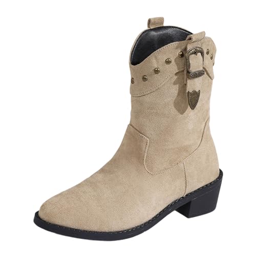 MODSGUE Stiefeletten Damen Wildleder Cowboystiefel Halbstiefel Schlupfschuhe Halbhoch Damenstiefel Niederung Stiefel Kurzstiefel Einfarbig Übergangsstiefel Blockabsatz Ankle Boots von MODSGUE