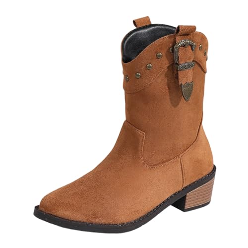 MODSGUE Stiefeletten Damen Wildleder Cowboystiefel Halbstiefel Schlupfschuhe Halbhoch Damenstiefel Niederung Stiefel Kurzstiefel Einfarbig Übergangsstiefel Blockabsatz Ankle Boots von MODSGUE