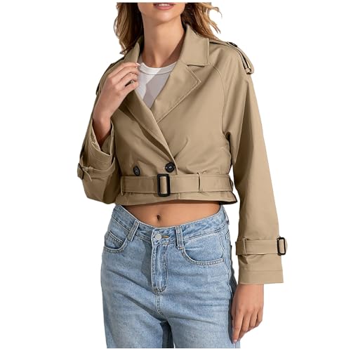 MODSGUE Trenchcoat Kurze Damen Revers Zweireiher Cropped Windjacke Mantel Klassische Einfarbig Herbst Frühling Bequem Jacke Winddichter Übergangsmantel von MODSGUE