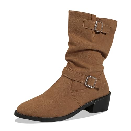 MODSGUE Weitschaftstiefel Damen Weitschaftstiefel-Kurzschaftstiefel Einfarbig Schlupfstiefel Kurz Boots Winter Damenstiefel Winterstiefel Cowboystiefel Hohe Stiefel Lederstiefel von MODSGUE