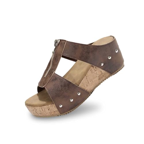 Orthopädische Hausschuhe Damen Keilabsatz Leder Hausschuhe Sommerschuhe Freizeit Wedge mit Absatz und Fussbett Slides Slipperstrandschuhe Peep Toe Plateau Sandalen von MODSGUE