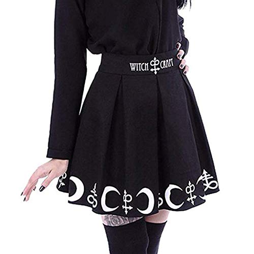 Röcke Damen Frauen Gothic Punk Witchcraft Mond Zaubersymbole Plissee Mini Röcke Kette Gürtel Schwarz Uniform Faltenrock von MODSGUE
