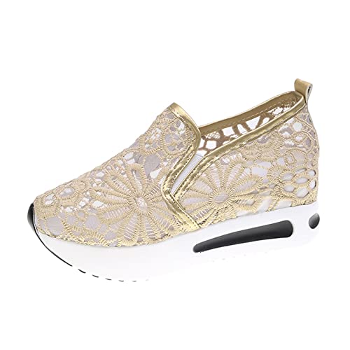 Sneaker Damen Pailletten Keilabsatz Schuhe Atmungsaktive Hochzeitsschuhe Ausgeschnittene Spitze Stoffschuhe Frauen Laufschuhe Sommer Outdoor Slip On Basic Walkingschuhe von MODSGUE