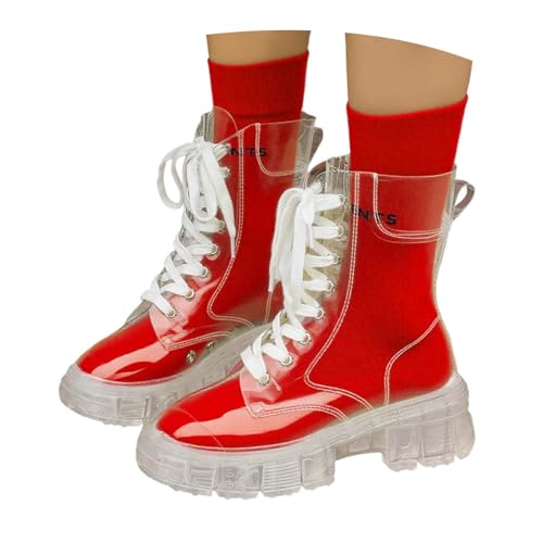 Stiefeletten Stiefel Damen Leder Crystal Bottom Fashion Große Modestiefel Erhöhte Schnürung Wasserdicht Leicht Transparente Matsutake-Gelee-Kurzstiefel mit dickem Boden Regenstiefeletten von MODSGUE