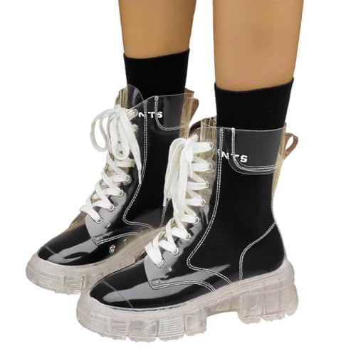Stiefeletten Stiefel Damen Leder Crystal Bottom Fashion Große Modestiefel Erhöhte Schnürung Wasserdicht Leicht Transparente Matsutake-Gelee-Kurzstiefel mit dickem Boden Regenstiefeletten von MODSGUE