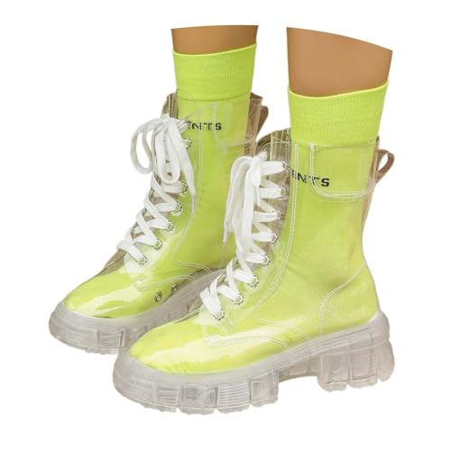 Stiefeletten Stiefel Damen Leder Crystal Bottom Fashion Große Modestiefel Erhöhte Schnürung Wasserdicht Leicht Transparente Matsutake-Gelee-Kurzstiefel mit dickem Boden Regenstiefeletten von MODSGUE