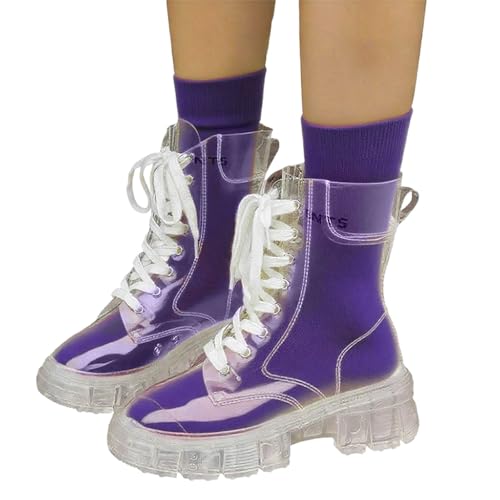 Stiefeletten Stiefel Damen Leder Crystal Bottom Fashion Große Modestiefel Erhöhte Schnürung Wasserdicht Leicht Transparente Matsutake-Gelee-Kurzstiefel mit dickem Boden Regenstiefeletten von MODSGUE
