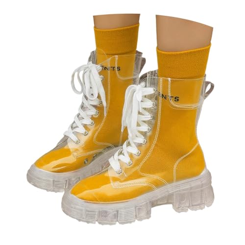 Stiefeletten Stiefel Damen Leder Crystal Bottom Fashion Große Modestiefel Erhöhte Schnürung Wasserdicht Leicht Transparente Matsutake-Gelee-Kurzstiefel mit dickem Boden Regenstiefeletten von MODSGUE