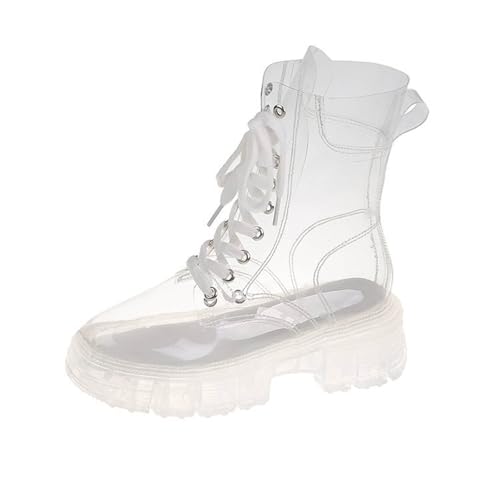 Stiefeletten Stiefel Damen Leder Crystal Bottom Fashion Große Modestiefel Erhöhte Schnürung Wasserdicht Leicht Transparente Matsutake-Gelee-Kurzstiefel mit dickem Boden Regenstiefeletten von MODSGUE