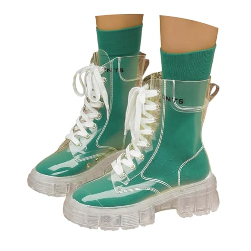 Stiefeletten Stiefel Damen Leder Crystal Bottom Fashion Große Modestiefel Erhöhte Schnürung Wasserdicht Leicht Transparente Matsutake-Gelee-Kurzstiefel mit dickem Boden Regenstiefeletten von MODSGUE