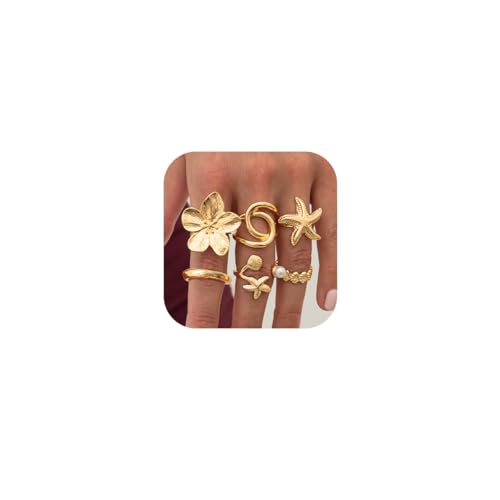 MOEEIJEW Dickes Goldring-Set für Damen, Blume, Seestern, offen, Statement-Fingerknöchelringe, Punk, Party-Schmuck, Metall, Kein Edelstein MOEEIJEW Dickes Goldring-Set für Damen, Blume, Seestern, offen, Statement-Fingerknöchelringe, Punk, Party-Schmuck, Metall, Kein Edelstein von MOEEIJEW