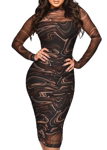 MOEENCN Sexy Langarm-Midikleid für Damen, durchscheinendes Netzgewebe, Bedruckt, Zweiteiliger Rock, Rundhalsausschnitt, durchsichtig, figurbetont, Party MOEENCN Sexy Langarm-Midikleid für Damen, durchscheinendes Netzgewebe, Bedruckt, Zweiteiliger Rock, Rundhalsausschnitt, durchsichtig, figurbetont, Party von MOEENCN