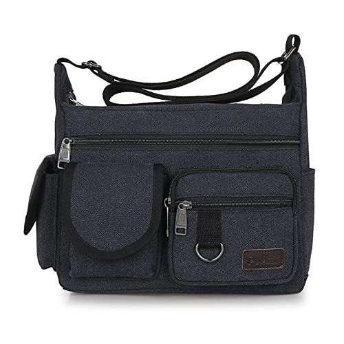 MOEIDO Umhängetasche Men Canvas Shoulder Bag Travel Handbags Multifunction Messenger Bags Solid Zipper Top-handle Pack Casual Crossbody Bags(Color:Black) von MOEIDO