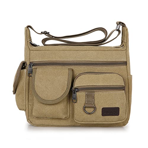 MOEIDO Umhängetasche Men Canvas Shoulder Bag Travel Handbags Multifunction Messenger Bags Solid Zipper Top-handle Pack Casual Crossbody Bags(Color:Khaki) von MOEIDO